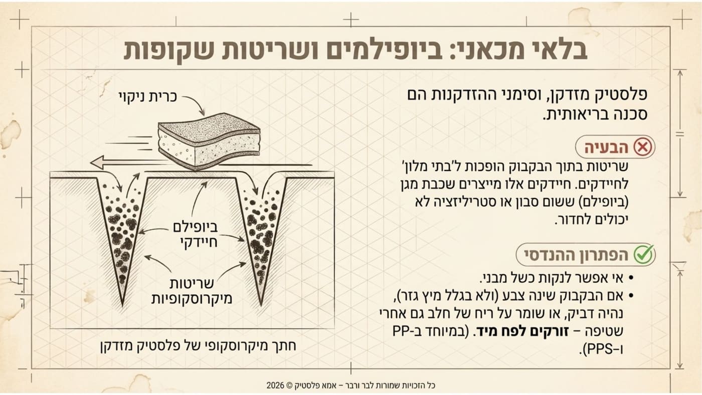 עמוד מתוך המדריך: חתך מיקרוסקופי של פלסטיק מזדקן עם שריטות וביופילם